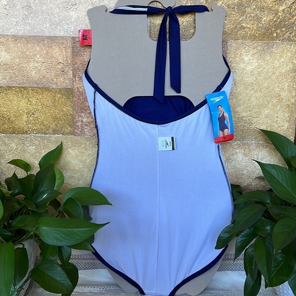 NEW Speedo Women’s UPF 50+ One Piece Halter Tie Neck Peacoat Blue Swimsuit - Picture 11 of 14
